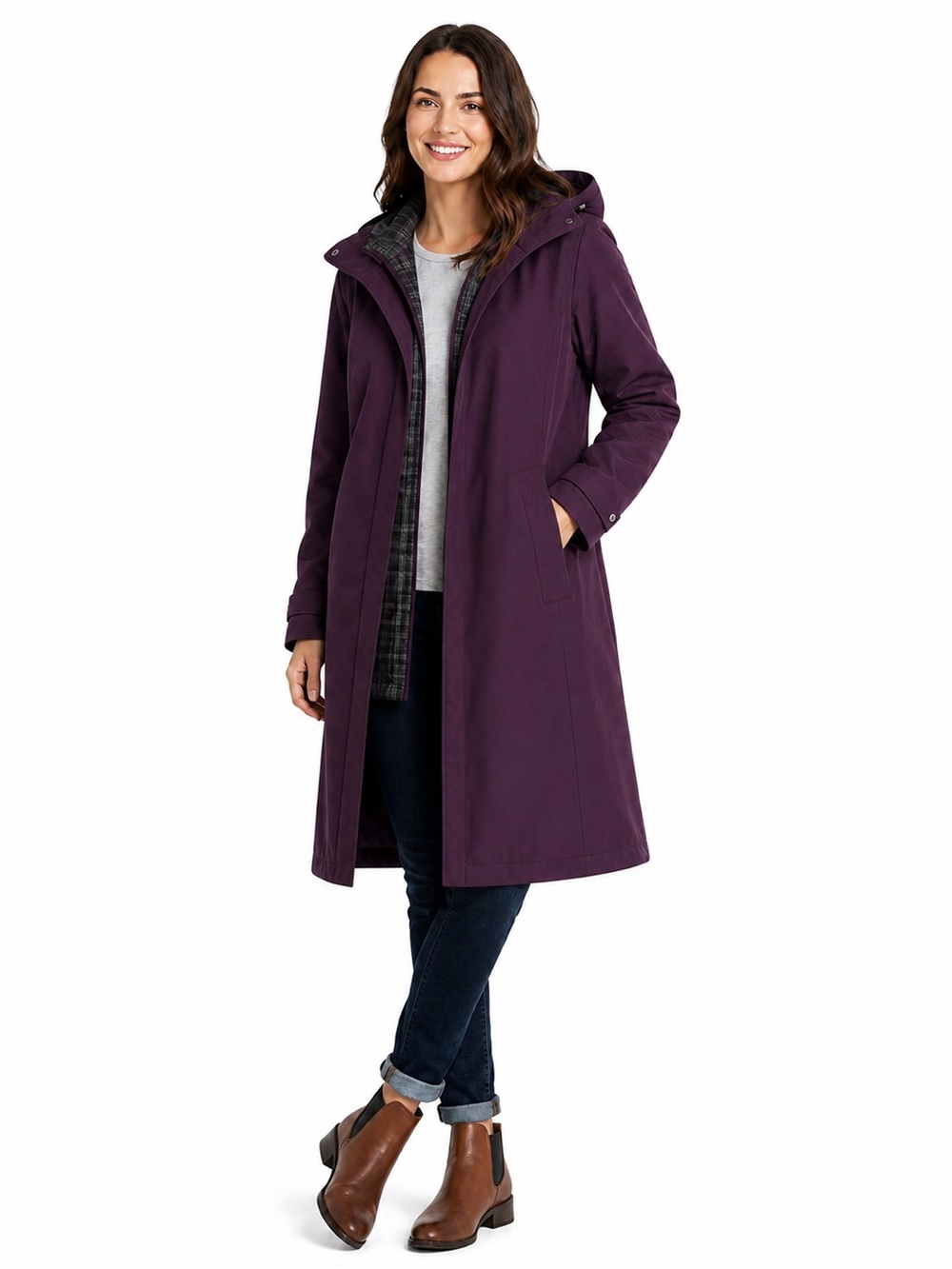 LL Bean XL Petite Purple Hooded Rain Coat Wool Liner Travel Jacket Gorpcore